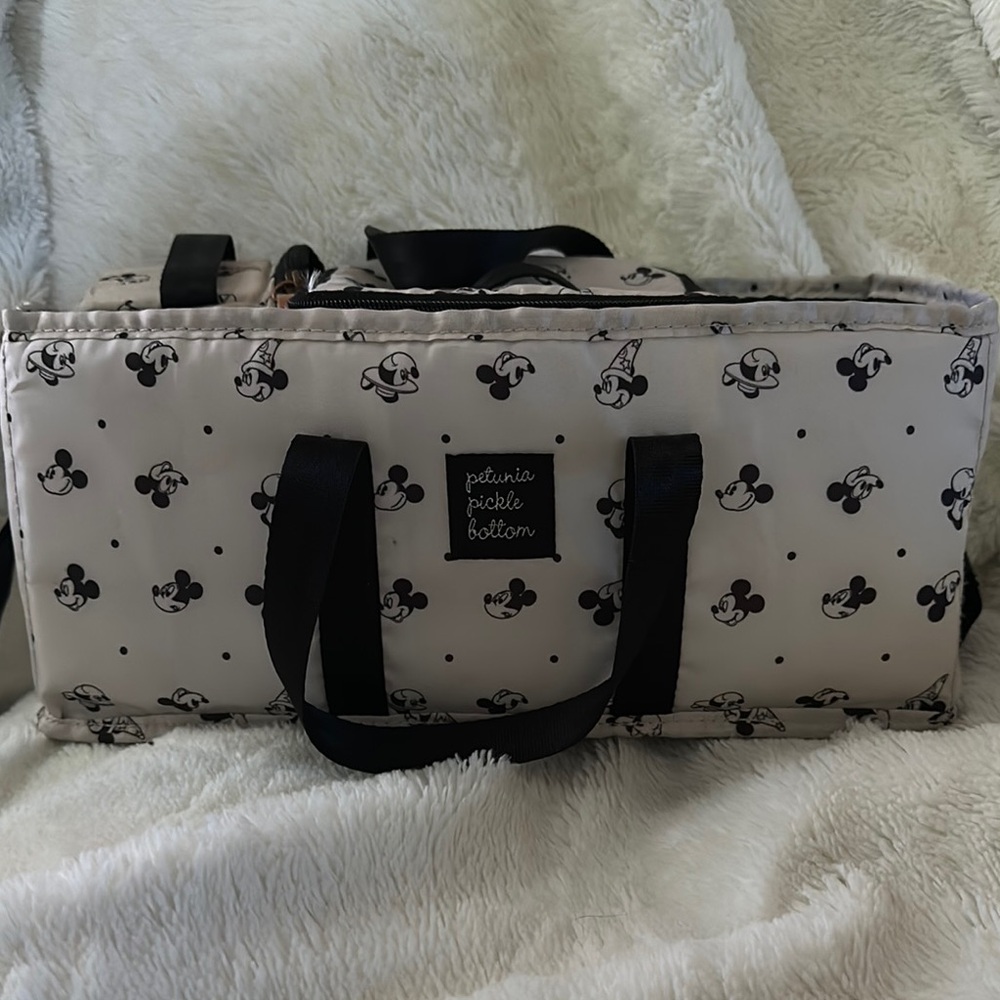 Petunia Pickle Bottom Cream and Black Mickey stroller caddy